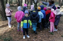 Nauczycielka wskazuje wydrazone przez ptaki otwory w drzewie