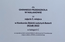 Dyplom dla przedszkola z  zajecie V miejsca w KZzB 2022