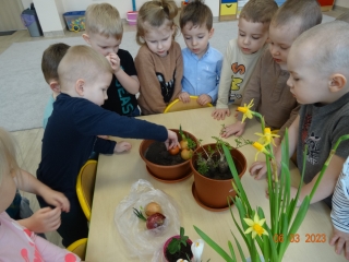 Kilkunastu dzieci sadzi rośliny