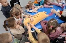 Dzieci stetoskopem badaja pluszowe zwierzaki i opatruja im rany.