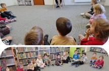 Sowki ogladaja mini teatrzyk zaprezentowany przez Pania Bibliotekarke