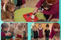 Sowki przygotowuja eksperyment - deszcz w sloiku