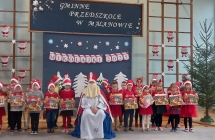 Zdjecie grupowe dzieci z grupy VIII z Mikolajem i paczkami